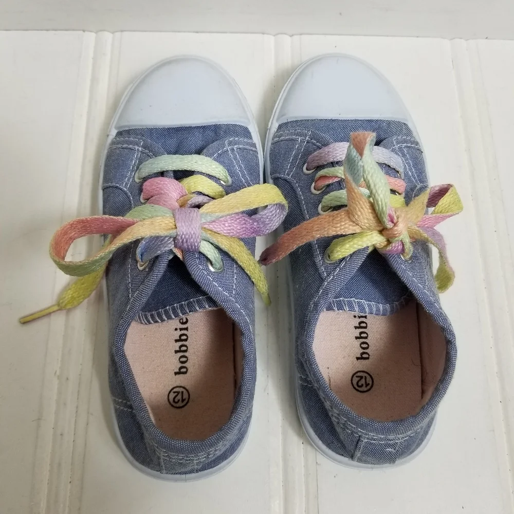 Bobbie Brooks Sneakers Girls 12 Canvas Rainbow Lace Up Lightweight Blue Casual